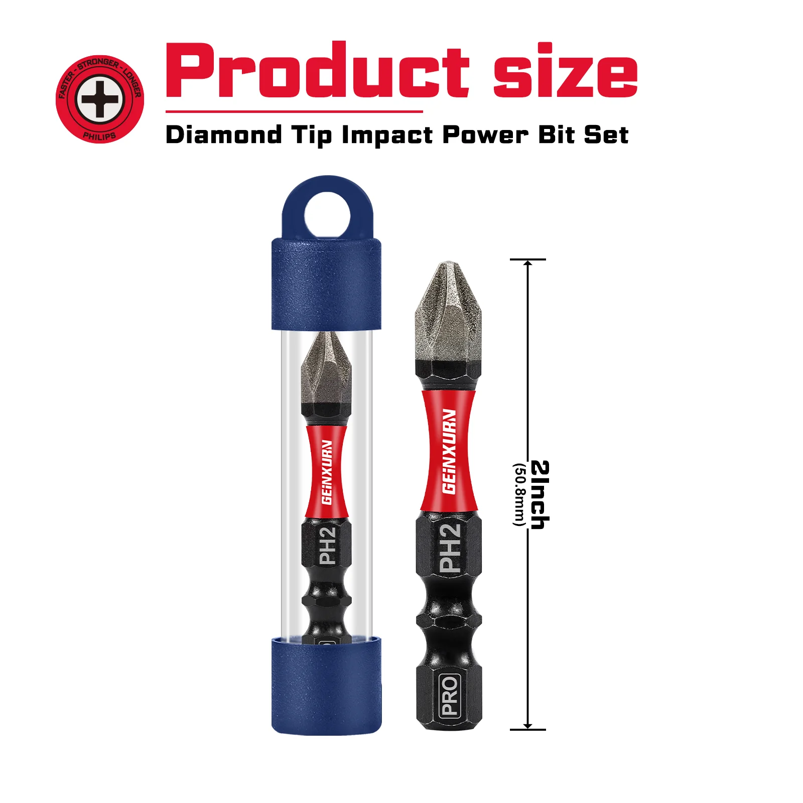 Geinxurn Diamond Coated Impact Screwdriver Bit Set, 2'' Insert Driver Bits, Magnetic S2 Steel PH2 Bits Set with Tubes Package