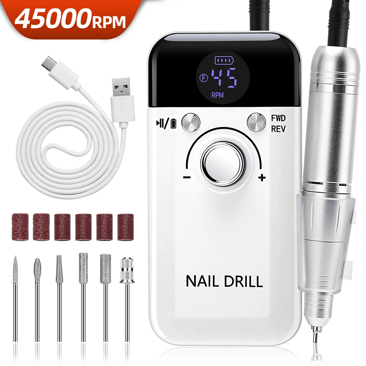Professional Nail Drill Machine Set 45000RPM Rechargeable Portable Electric Nail File for Manicure Acrylic Gel Nails Salon Tools