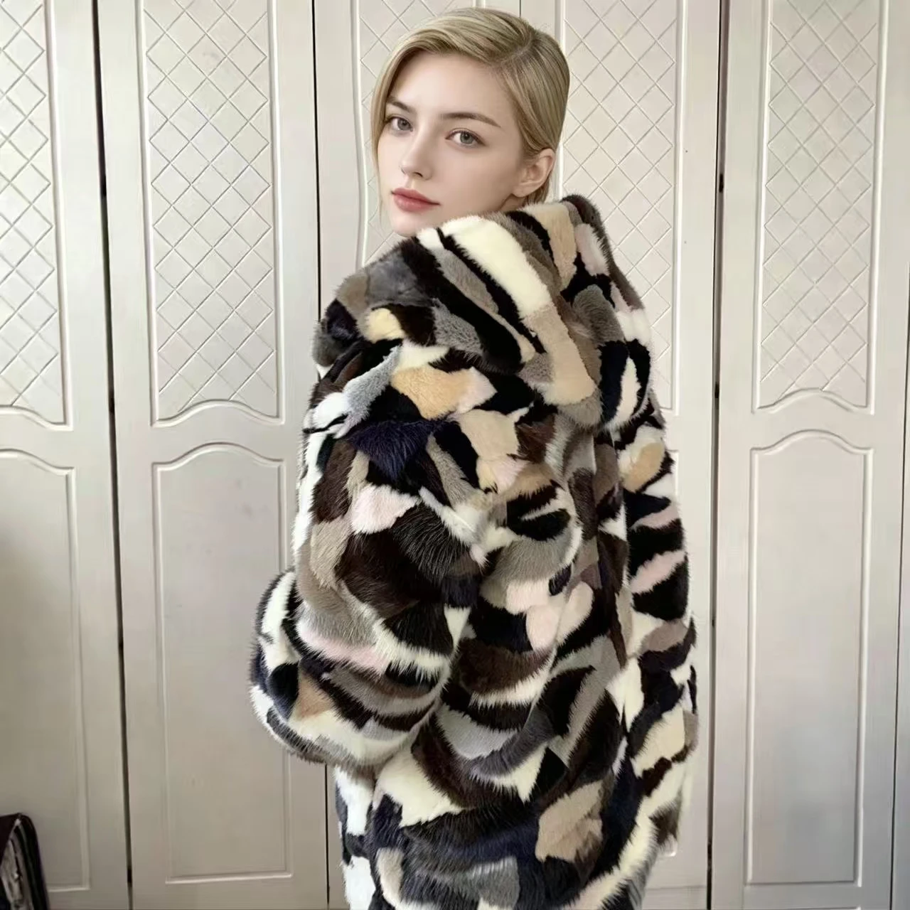 New Natural genuine real Mink Fur coat with hood Women Fashion multi-color colorful jacket out wear custom any size