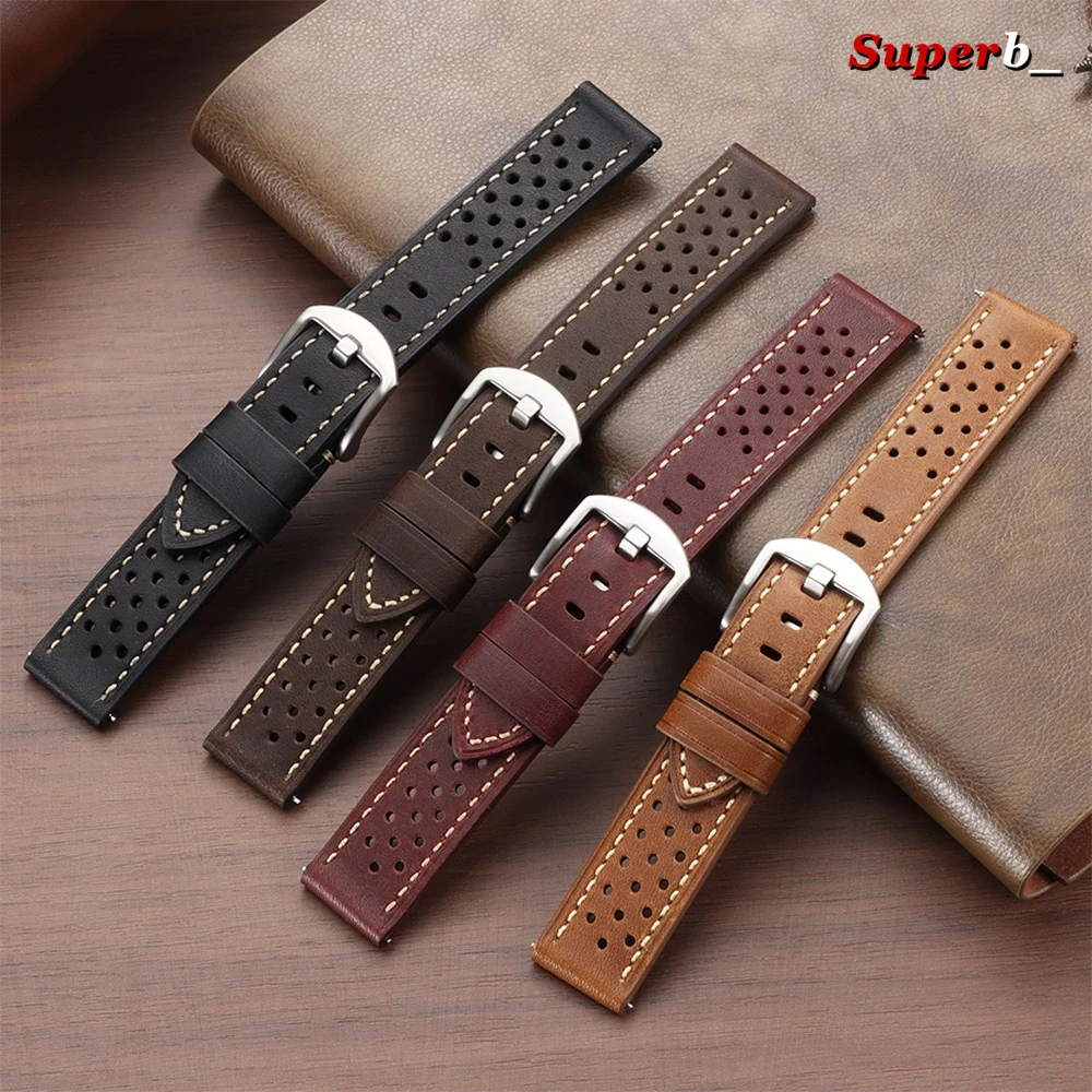 Vintage Racing Leather Watch Strap Black Brown Breathable Porous Watch Band 20mm 22mm Universal Watchbands for Seiko Accessories