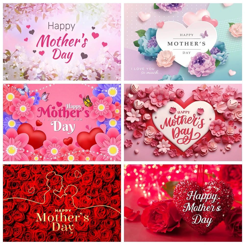 

Happy Mother's Day Backdrop Flowers Love Heart for Best Mom Bithday Party Portrait Photography Background Decor Photostudio Prop