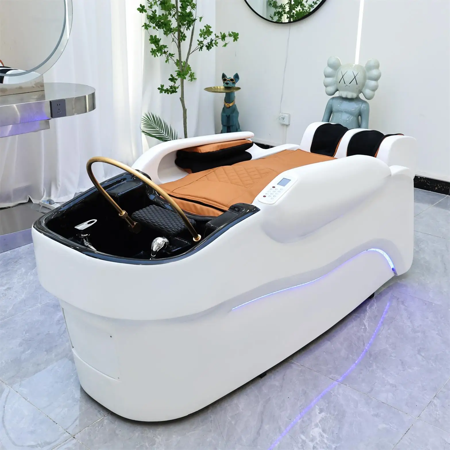 White & Orange Thai Shampoo Bed with Massage & Blue LED Ambient Light, Reclining Head Spa Hair Washing Chair for Beauty Salon Ba