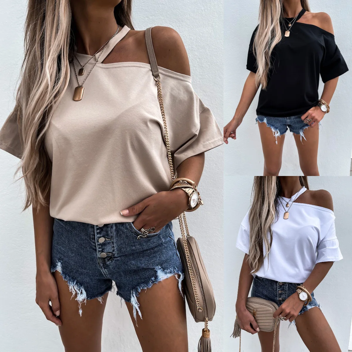2026 Splicing Slant Rotator Sleeve Short Sleeve Crew Neck T-Shirt Top