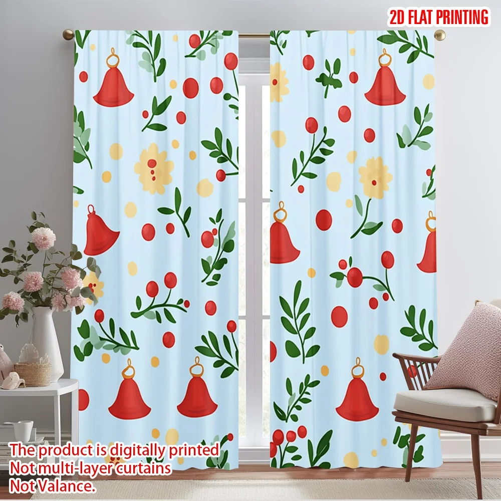 2pcs,2D plane printing Pattern Curtains Christmas Bells Holly Durable Polyester (without rod) Festive for Various Rooms,