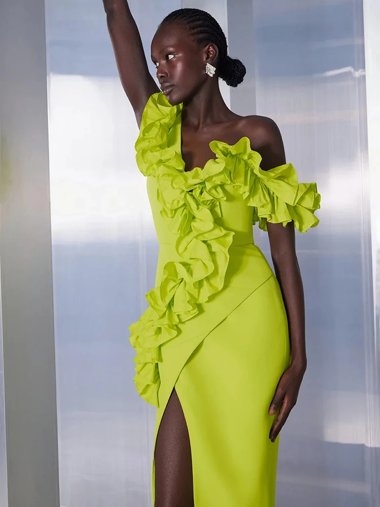 المرأة مثير واحد الكتف طويل ضمادة الكشكشة النيون الأخضر سبليت ماكسي فستان أنيق مساء نادي حفلة كوكتيل وتتسابق