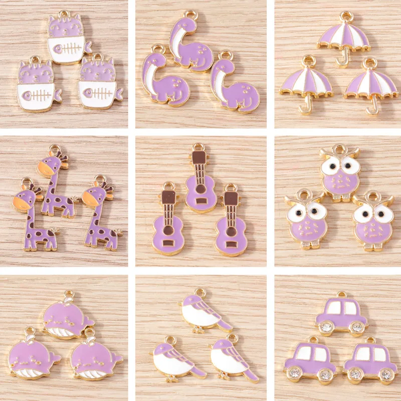 10pcs Purple Color Cute Enamel Animal Owl Cat Bird Charms Pendants for Making DIY Earrings Necklaces Bracelets Jewelry Findings