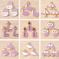 10pcs Purple Color Cute Enamel Animal Owl Cat Bird Charms Pendants for Making DIY Earrings Necklaces Bracelets Jewelry Findings