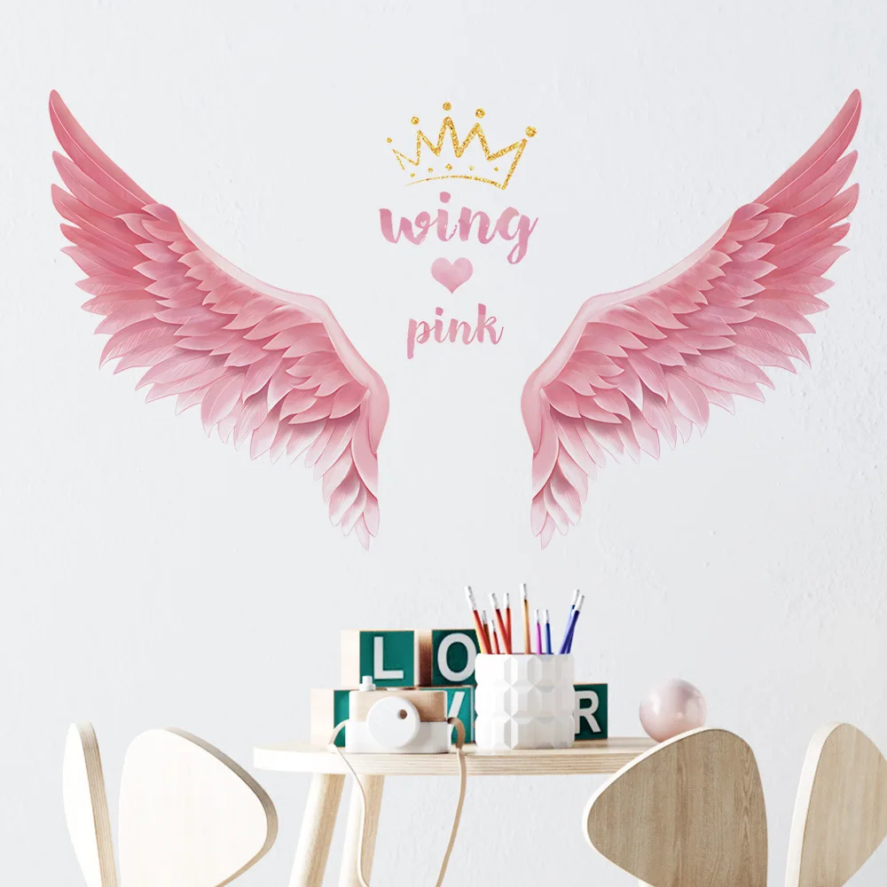 Pink Wings Crown Anime Wall Stickers For Kids Room Decoration Girl Room Decortion Wall Decor Bedroom Accessories Home Decor