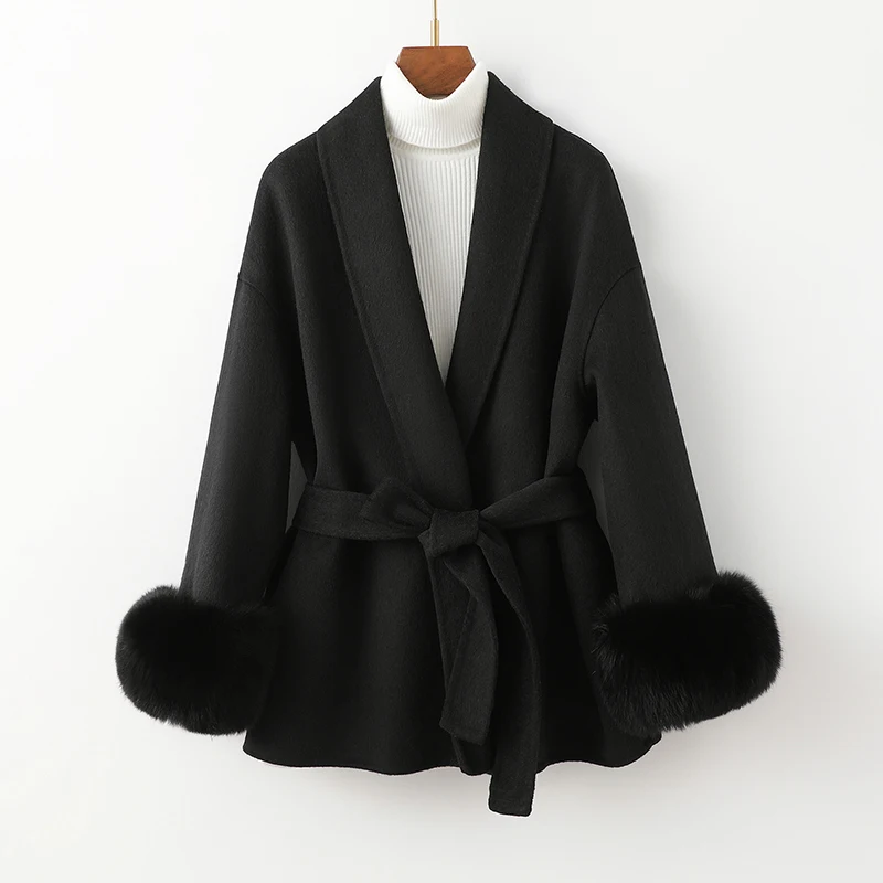 Elegant Lace Up Woolen Short Coat Solid Loose Lapel Furry Belt Long Sleeve Female Jacket 2025 Autumn Winter Lady Chic Cardigan