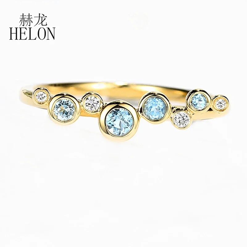 HELON Solid 14k AU585 Yellow Gold Genuine Blue Topaz Engagement Ring Real Diamonds Wedding Band for Women Art Nouveau Jewelry