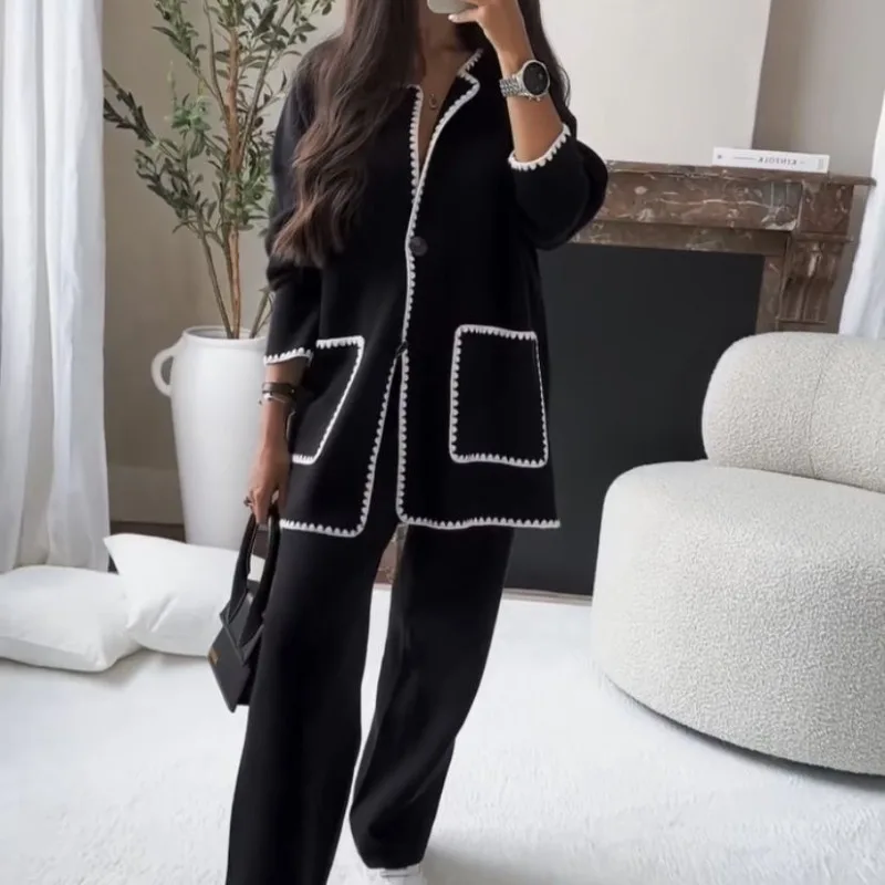 

Y2K Patchwork Long Sleeve Button Pocket Coat Top Loose Pants Outfits Clothing Set Elegant Autumn Winter Women Two Piece Set