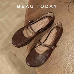 BEAUTODAY Mary Janes Women Calfskin Leather Round Toe Pleated Pattern Buckle Strap Solid Color Flat Shoes Ladies Handmade 28337