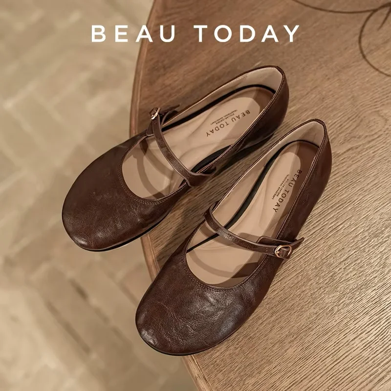 BEAUTODAY Mary Janes Women Calfskin Leather Round Toe Pleated Pattern Buckle Strap Solid Color Flat Shoes Ladies Handmade 28337