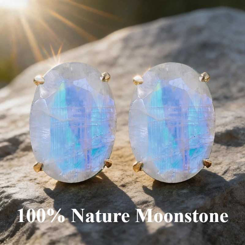 100% Natural MOONSTONE egg shape oval cut  nature gem stone stud earring earring stud earring for women wedding 18k plated