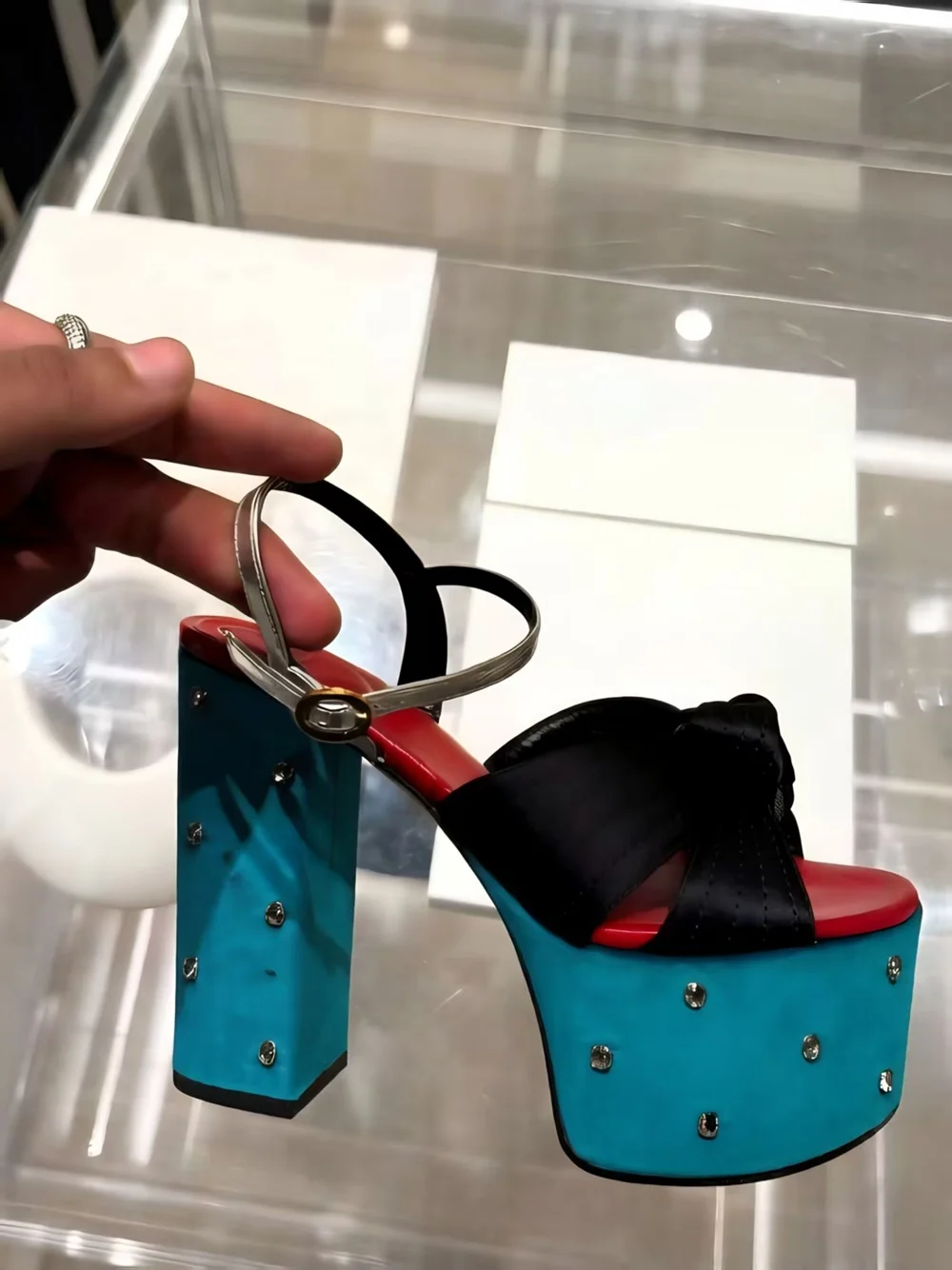 High-Fashion Blue Platform Chunky Heels Sandals Oversized Black Bow Silver Stud Embellishment Adjustable Ankle Strap Retro Style