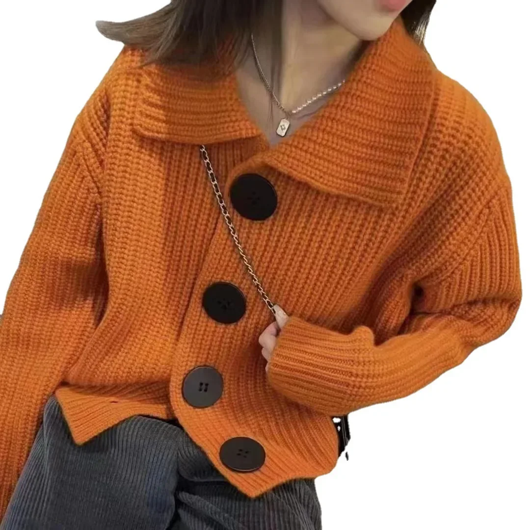 2024 autunno e inverno nuovo a maniche lunghe sciolto stile coreano alla moda grande bottone risvolto Cardigan lavorato a maglia maglione cappotto da donna