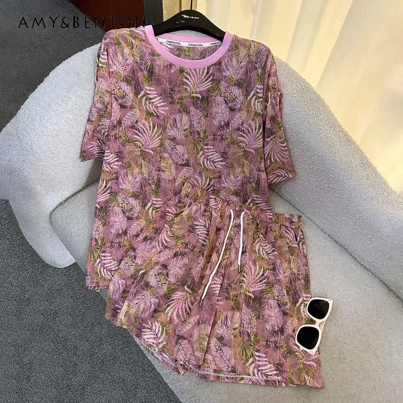 

Fashion Design Tie-dye Diamond Drills Printing Short-sleeved T-shirt Set Summer Loose Casual Top And Shorts Two-piece Suit Women