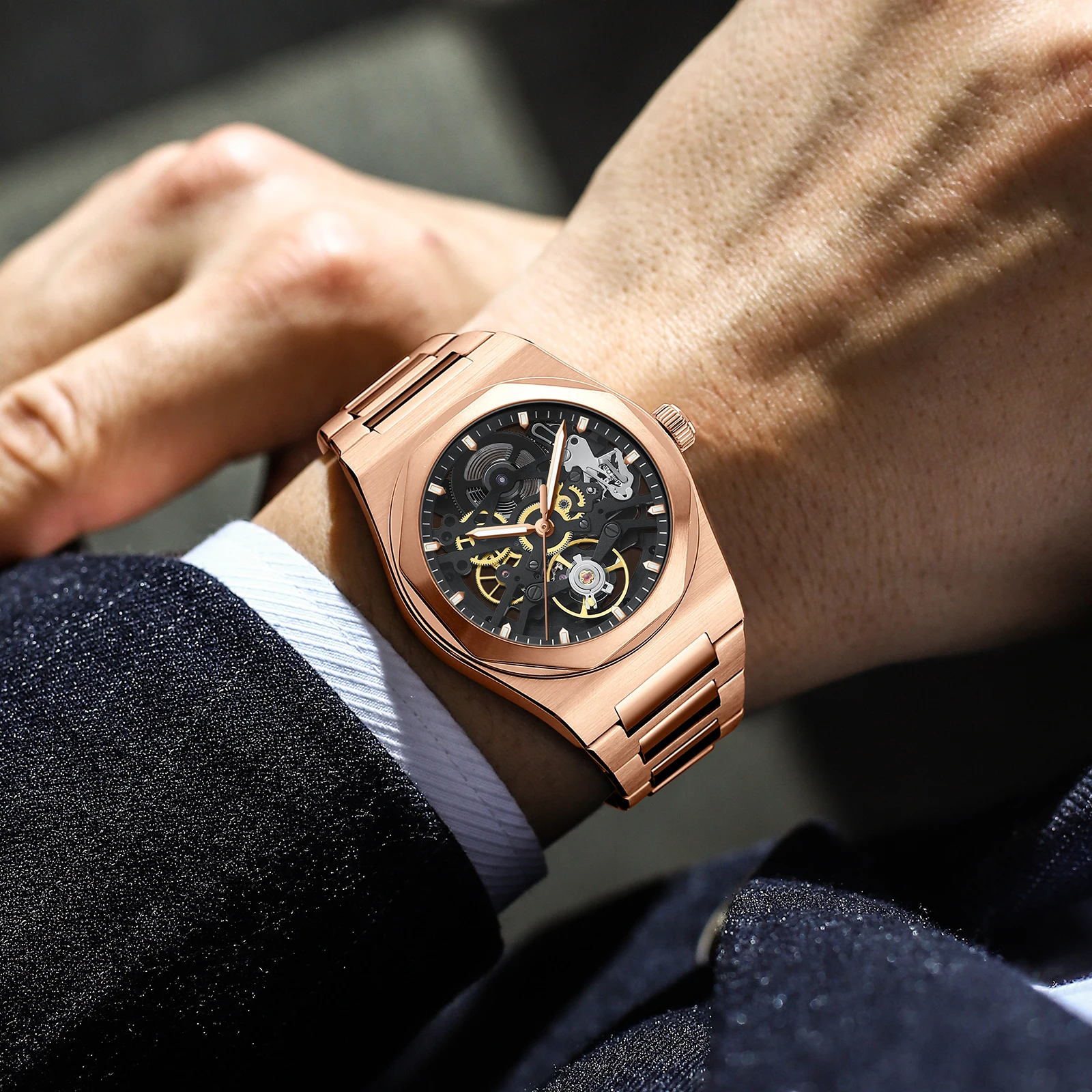 BETTIMER 2025 جديد ساعة ميكانيكية للرجال الطاووس SL2203 الياقوت الزجاج الأعمال الفولاذ المقاوم للصدأ مضيئة مقاوم للماء Reloj Hombre