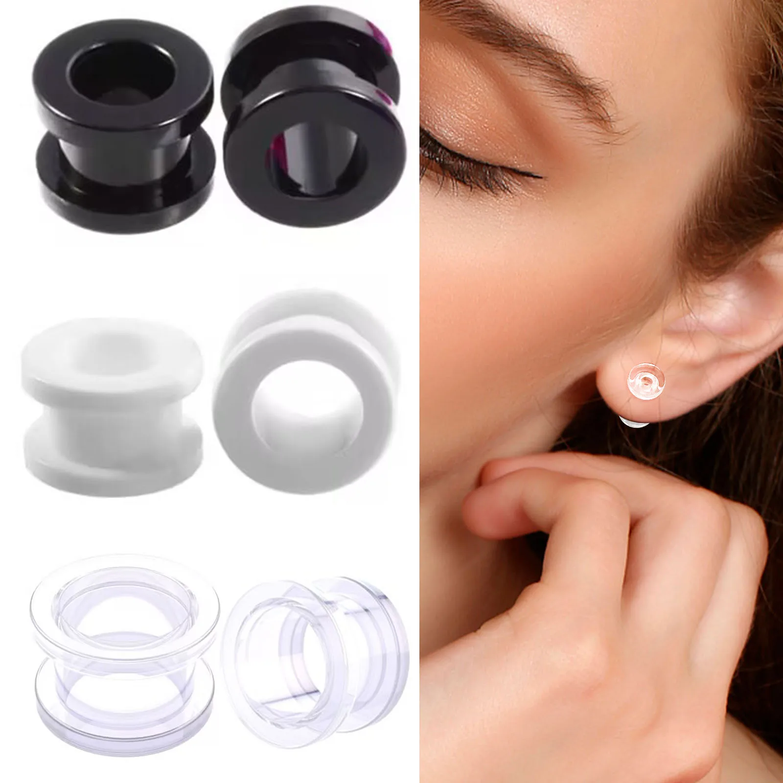Fashion 2pcs 2-24mm White Black Transparent Acrylic Ear Tunnel Plug Ear Gauges Piercing Saddle Expander Stretcher Body Jewelry