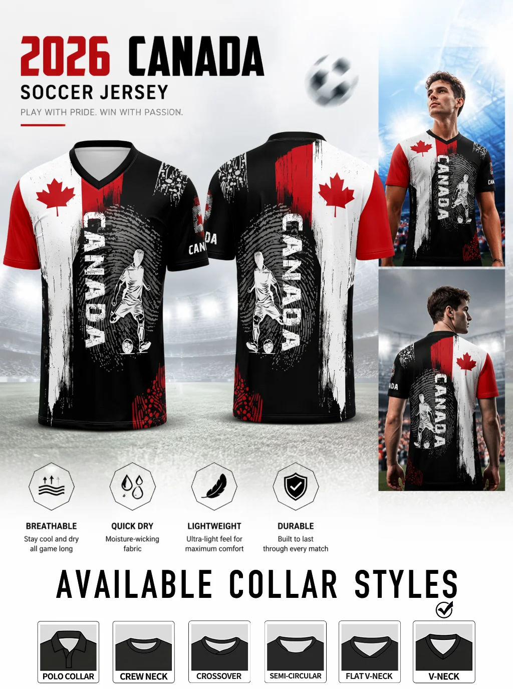 2026 Canada soccer jersey, red‑maple‑leaf emblem, fingerprint texture and soccer‑player silhouette print