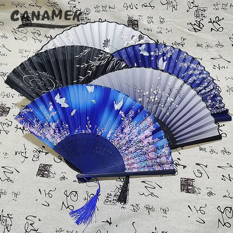 Vintage Chinese Style Folding Fan Bamboo Hand Fan Wooden Shank Classical Dance Fan With Tassel Elegent Female Fan Home Decor