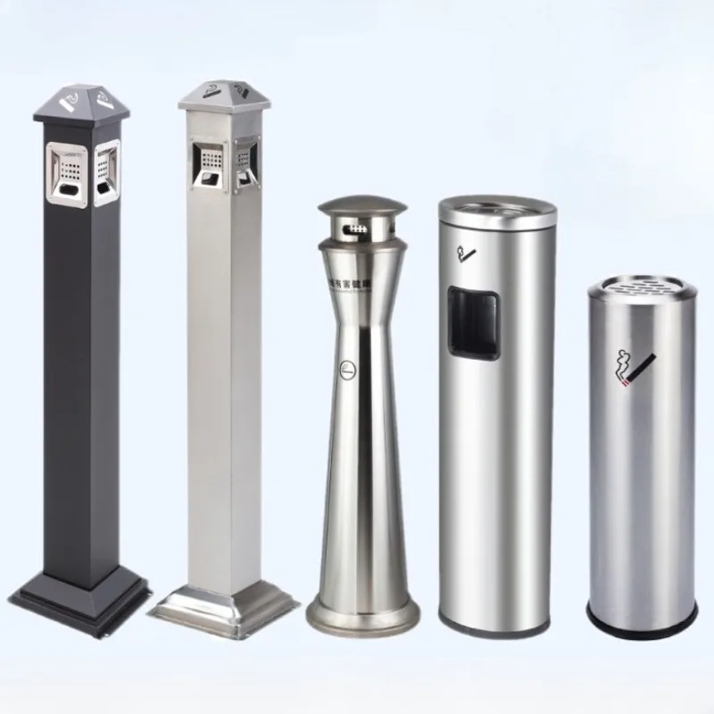 Outdoor Stainless Steel Vertical Ashtray Floor Standing Smoking Trash Can Large Capacity Ashtray Column Cigarette Butt Dustbin