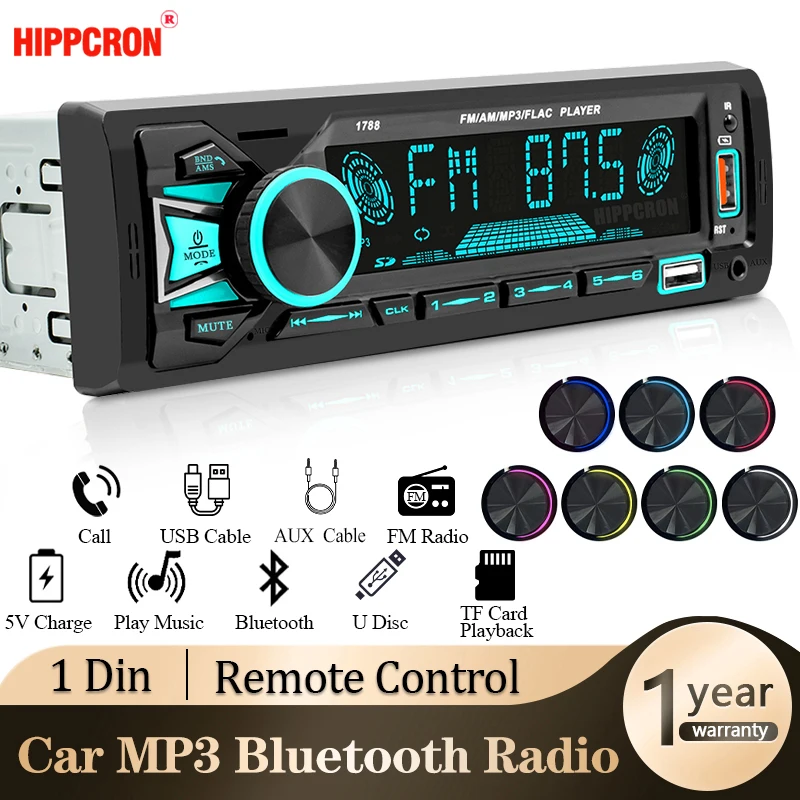 Hippcron 1Din Car Radio Bluetooth Stereo MP3 Player Autoradio FM Receiver With Remote Control AUX/USB/TF Card In Dash Kit