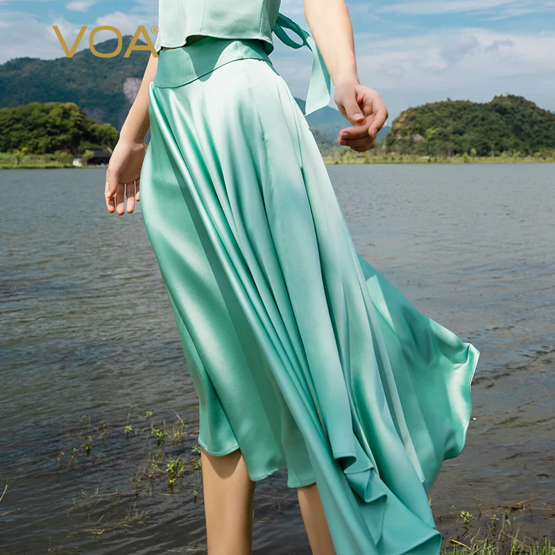 (Fans Exclusive Discount) VOA Mint Green Satin Smooth Heavy Silk Streetwear Asymmetrical Natural Waist Swing Elegant Skirt CE192