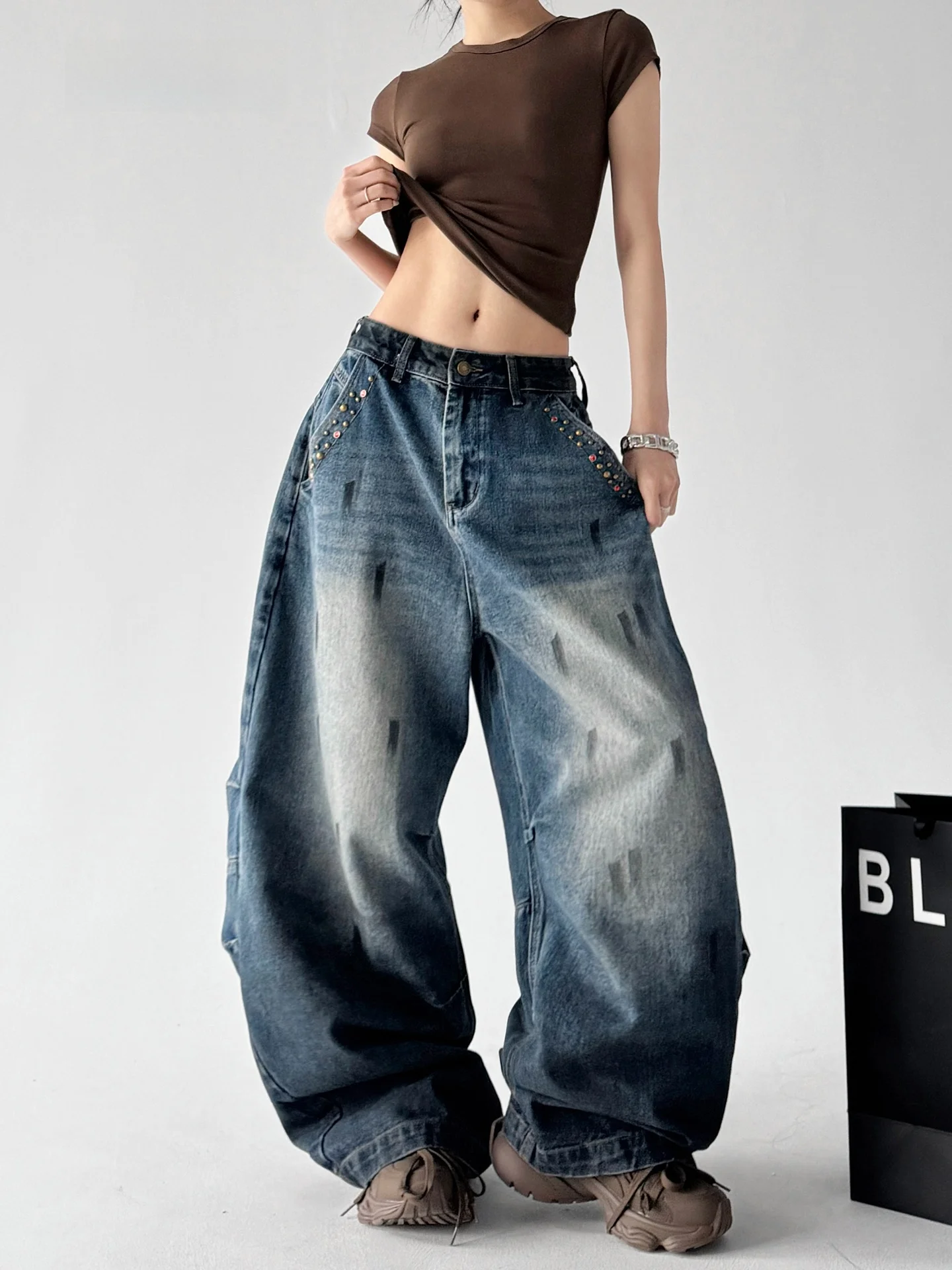 

Retro Blue Wide Leg Denim Jeans Women's Casual High Waist Loose Fit Cotton Blend Stretchy Summer New Style American Vintage