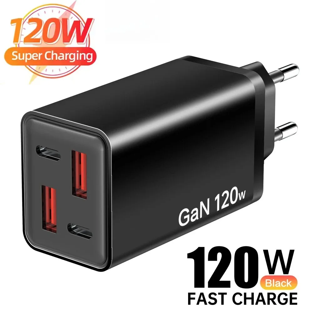 4‑Port 120W GaN Fast Charging Wall Adapter Type‑C PD QC3.0 Quick Charger For iPhone 17 Samsung Xiaomi 17 Huawei Travel Charger