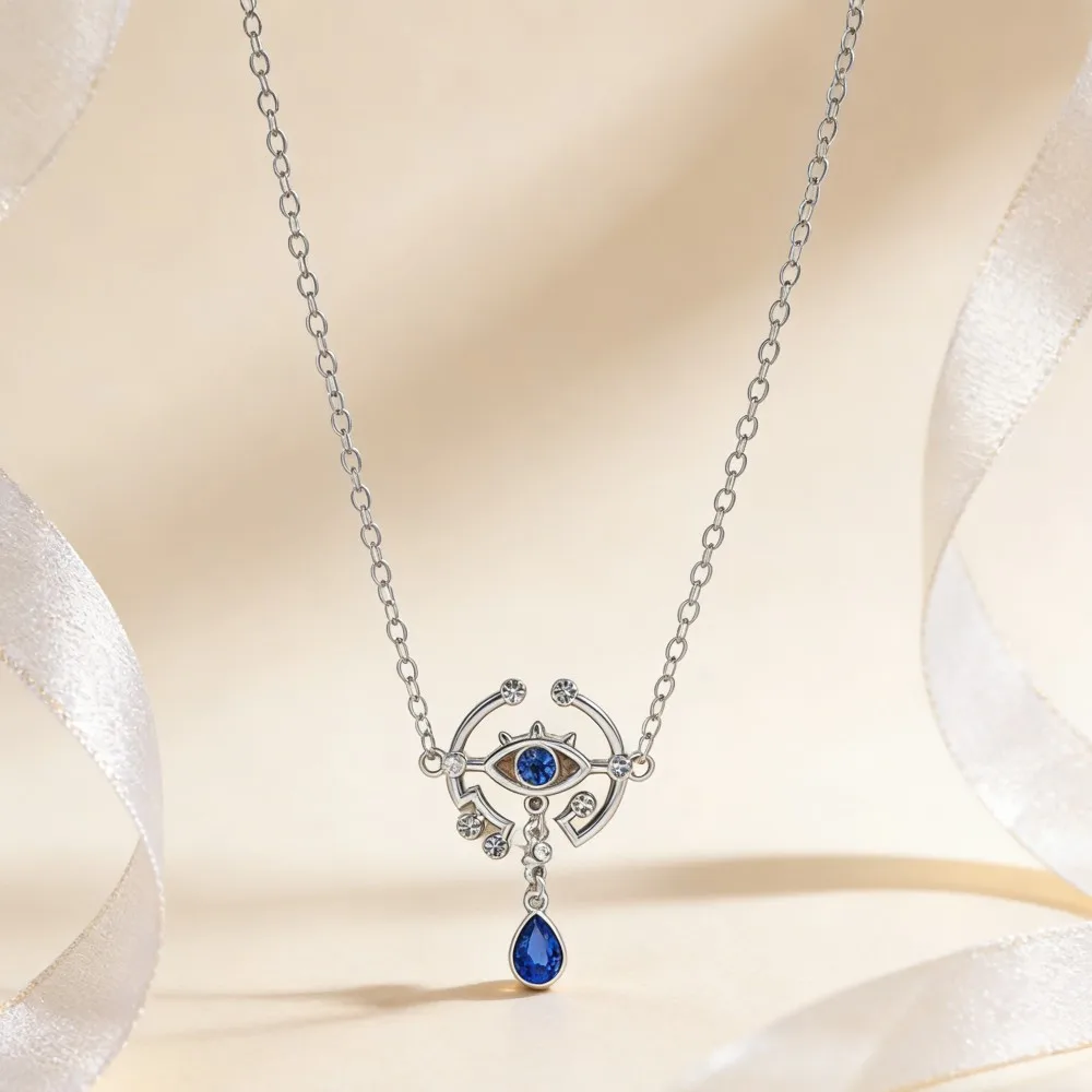 European American Style Personalized Blue Eye Retro Rhinestone Pendant Necklace Jewelry for Women's Accessory
