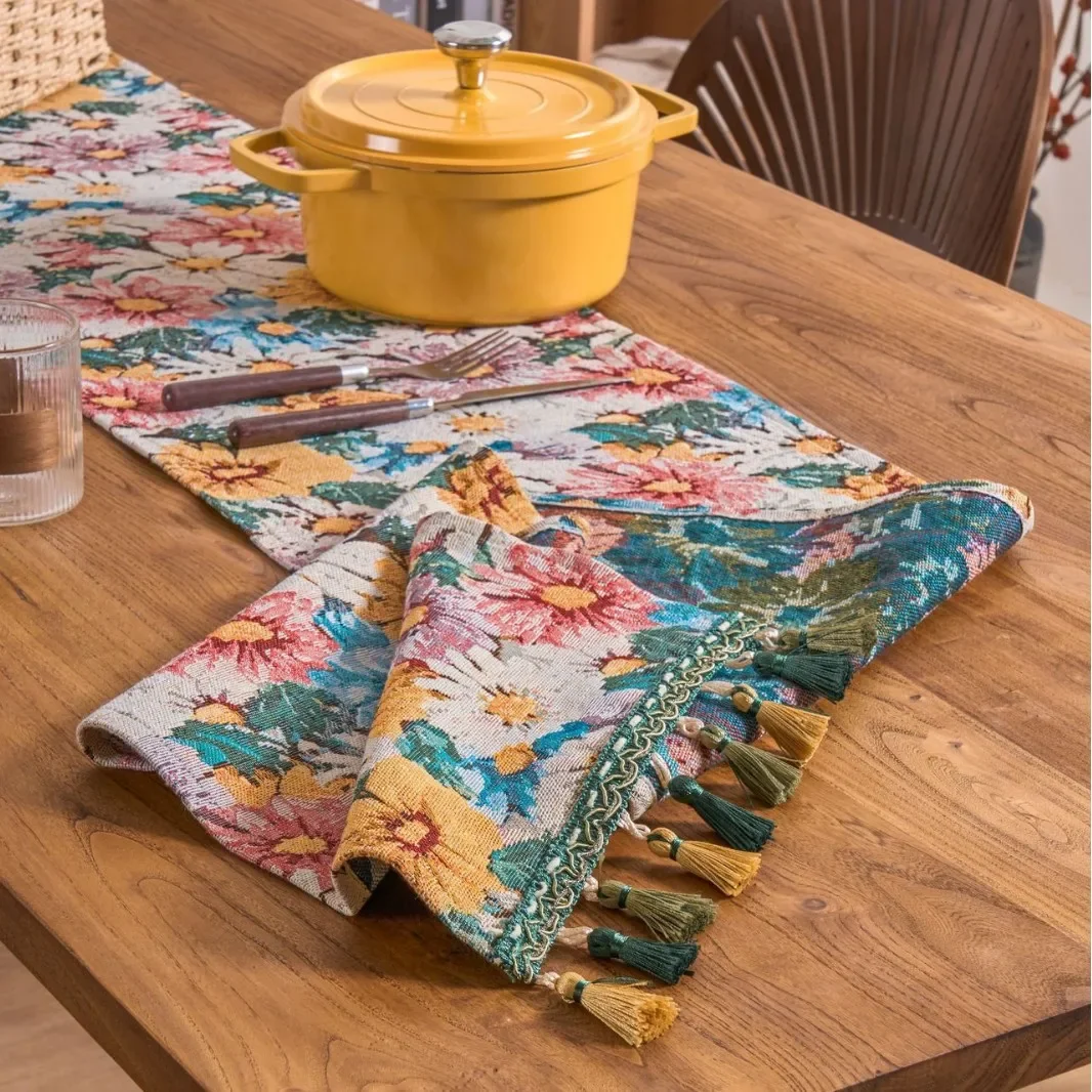 Colorful Flower Jacquard Table Runner with Tassel Kitchen Dining Table Decoration Embroidered Table Runner for Home Party Decor