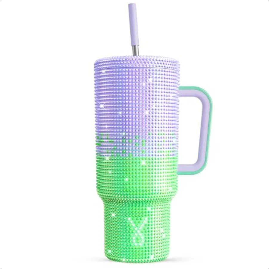 

40 oz Studded Tumbler with Handle and Straw Bling Tumbler with Lid and Straw Insulated Stainl Steel Travel Mug 100 Leakproof Ke