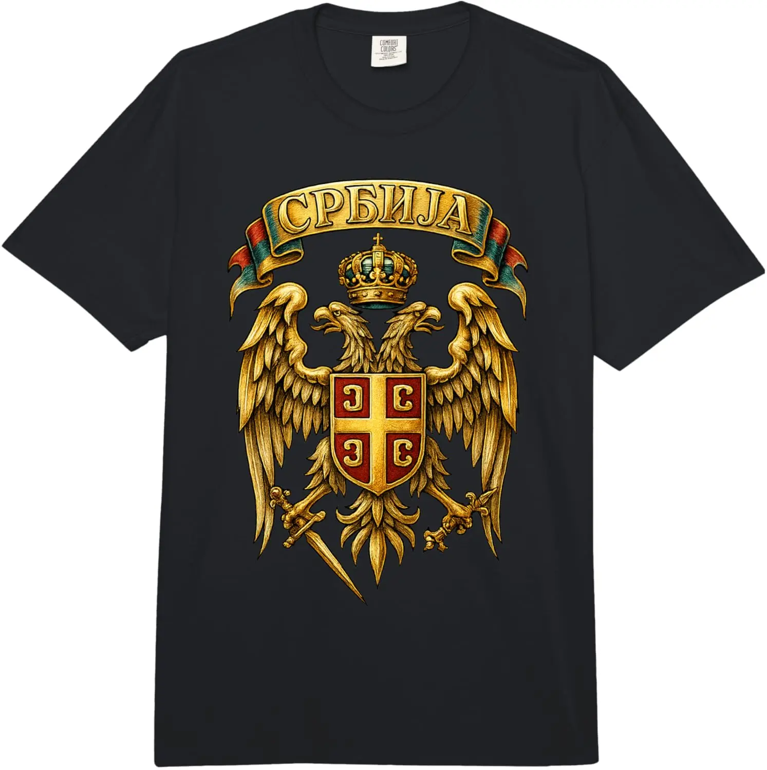 Serbian Coat of Arms - Srbija Flag Comfort Colors Adult Heavyweight T-Shirt Short Sleeve Casual 100% Cotton Shift