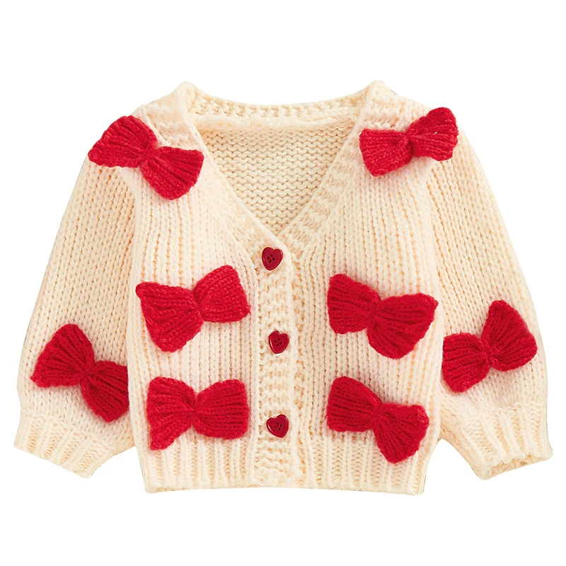 

Toddler Girl Fall Sweater Cardigan 3D Bow Long Sleeve V-Neck Chunky Knitwear Coat