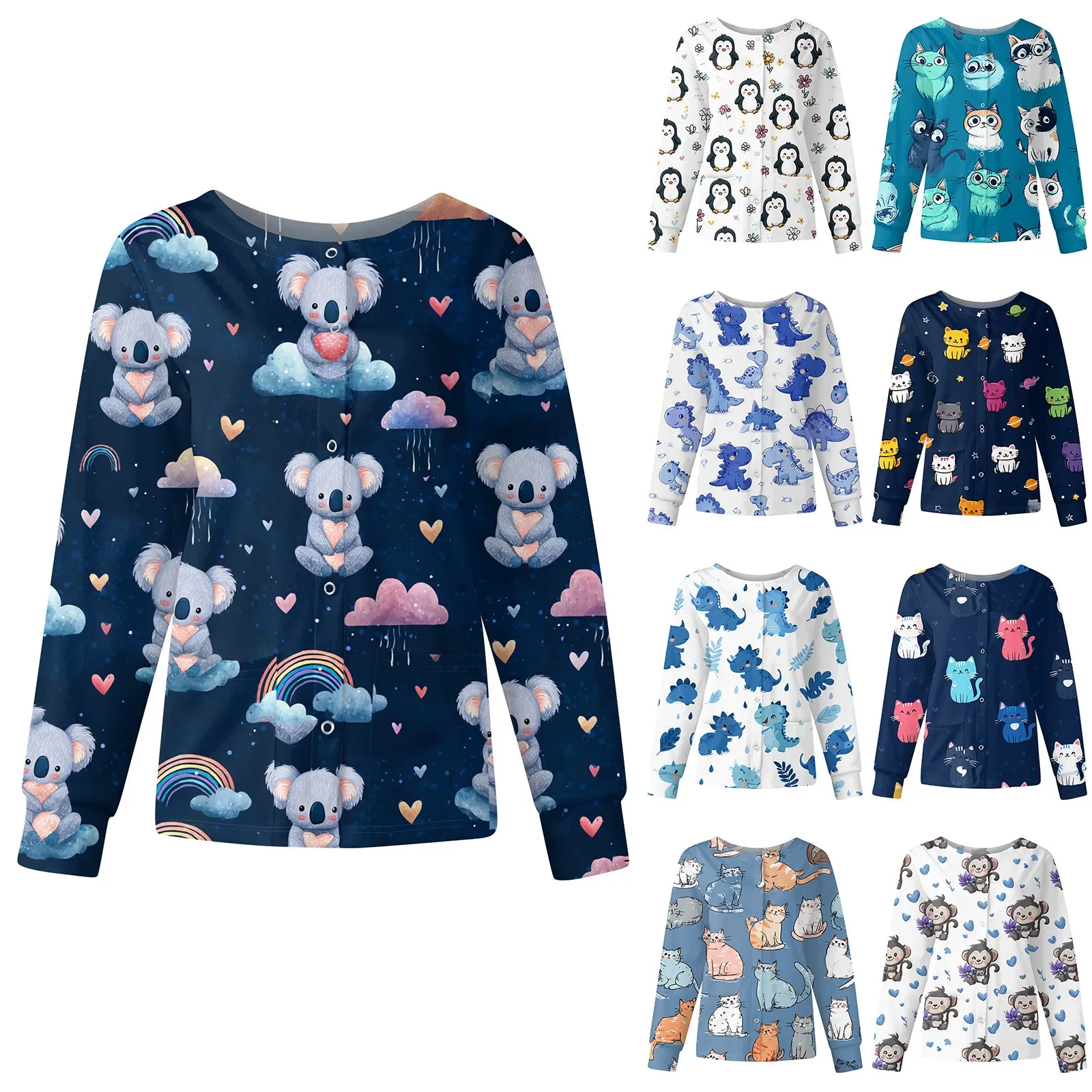 여성용 루즈핏 동물 프린트 간호사 유니폼 긴팔 O넥 싱글 브레스티드 스크럽 탑 뷰티 살롱 작업복