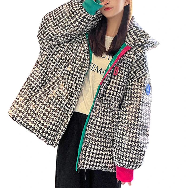 

Women's Winter Jackets Large Sizes Fashionable Plaid Stitching Long-sleeved Hooded Cotton Clothing New Pocket Zipper Top Coat