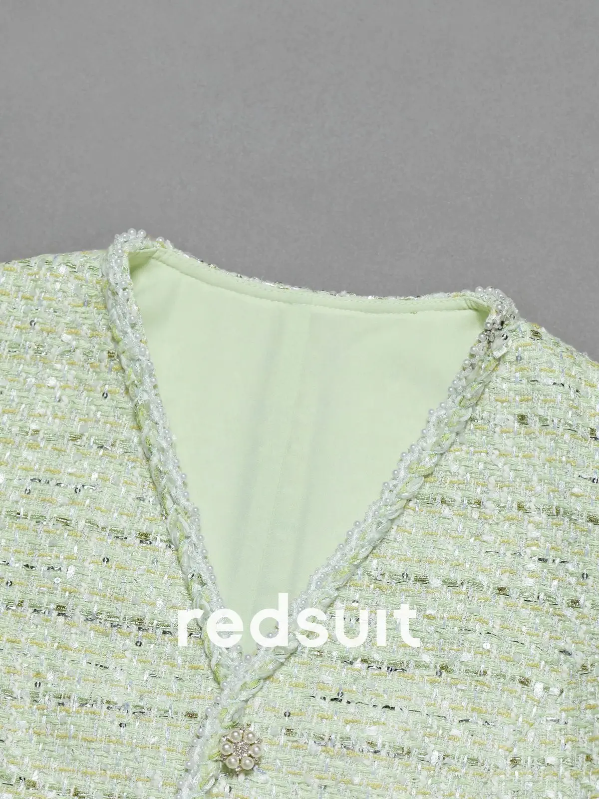 New Heavy industry pearl edging sequin weaving V-neck green lightweight floral vest short   Custom Size