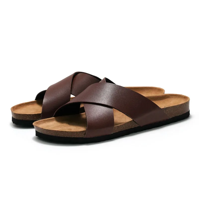 RuiZuStock Men's Summer Soft Wood Clog Shoes Cross Band Water Themed Slippers Casual Breathable Leather Splice Flat Heel Sandals