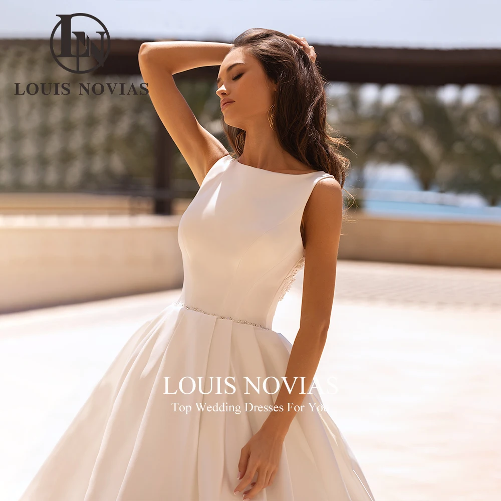 LOUIS NOVIAS-Vestidos de casamento sem mangas de cetim para mulheres, apliques vintage, botão, vestido princesa noiva, 2024