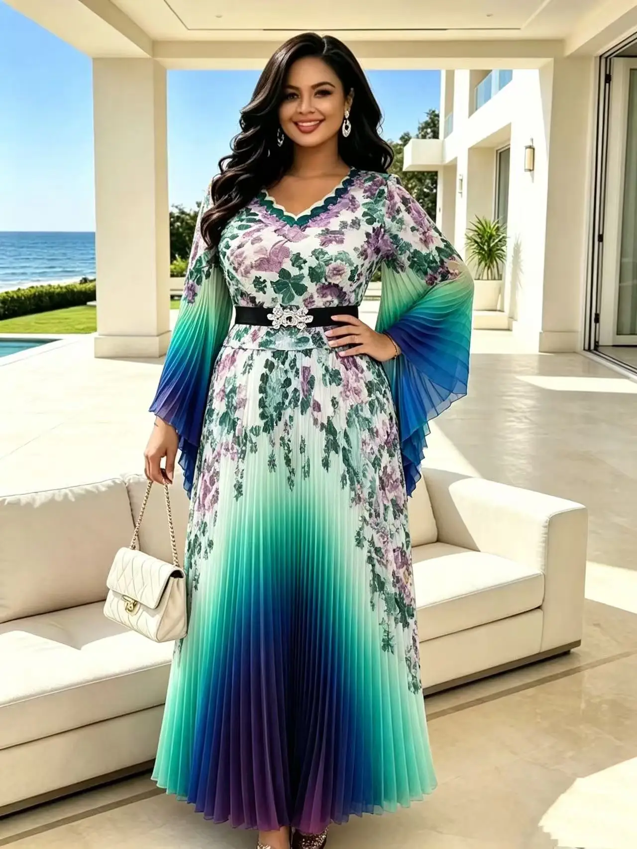Miyake African Elegant Dress Autumn New Temperament Socialite Waist Fashion Long Dress Women's Clothing