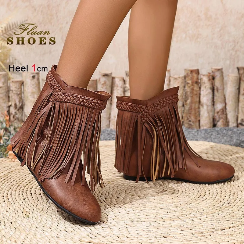 

2026 Fashion Tassels Short Boots New Autumn Winter Women Flat Sole Shoes Comfortable Soft Soled Casual Brown Ladies Ankle Boots