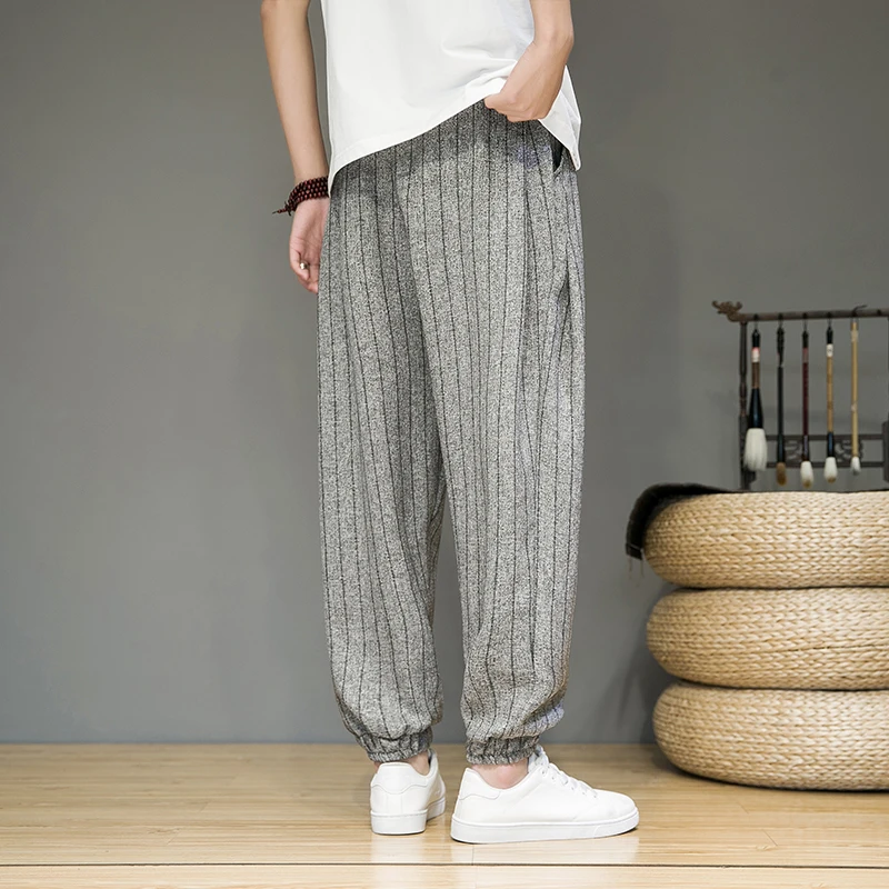 Primavera Verão Calças para Homens Confortável e Respirável Algodão e Linho Casual Calças Moda Stripe Harem Pants Homem