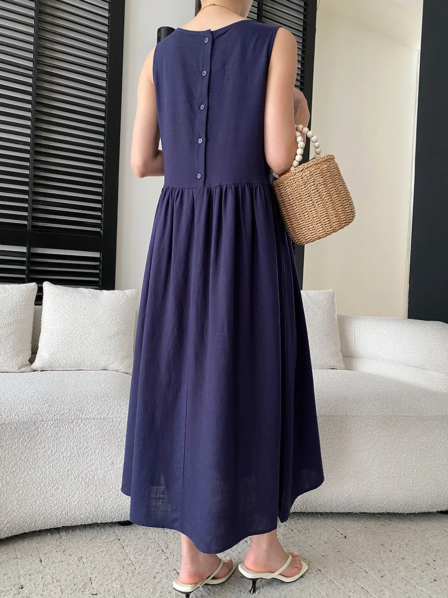 Sommerliches, lässiges, einfarbiges, ärmelloses Patchwork-Kleid mit Rundhalsausschnitt für Damen – Detail 19