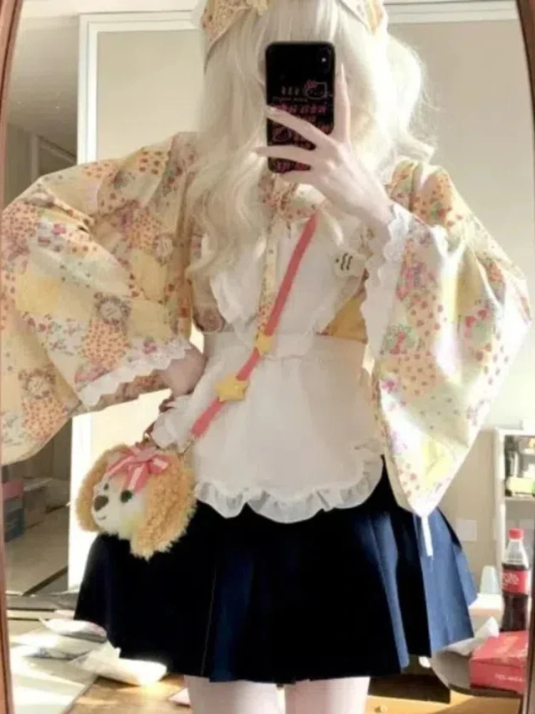 

Winter Japanese Lolita Sweet 3 Piece Set Women Print Tops + Short Skirt + Cute Apron New Design Harajuku Kawaii Style Suit 2024