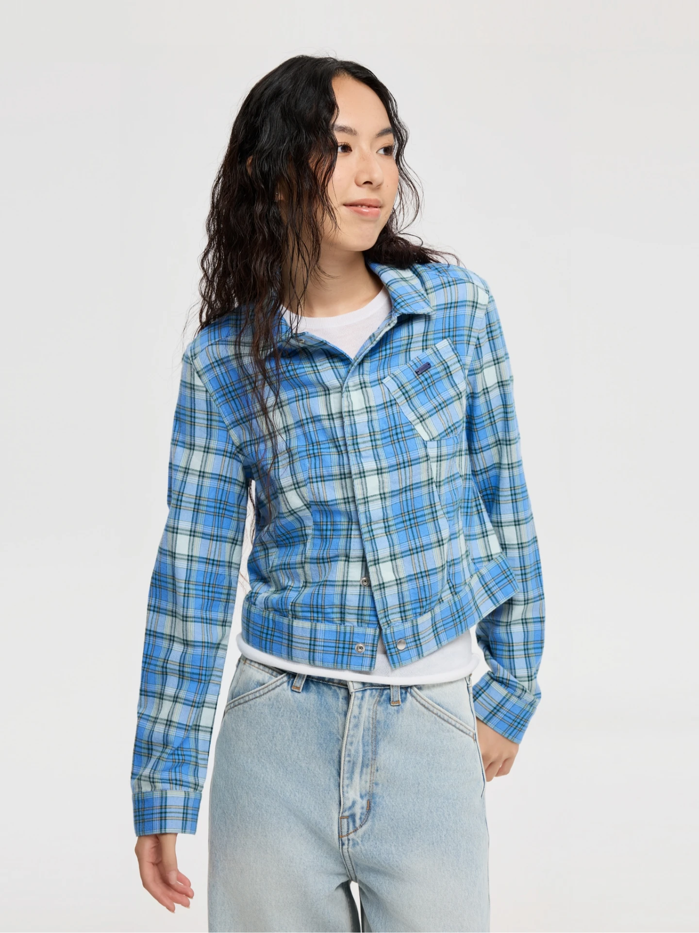

Женская хлопковая рубашка-жакет Oneup в ретро-стиле, синяя в клетку, для весеннего повседневного образа, с длинным рукавом, простым дизайном и утягивающим поясом
