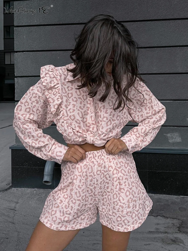 Mnealways18 Leopard Print Pink Frill Shorts Sets Autumn Winter 2024 Lantern Sleeve Shirts And Shorts Office Lady Two Pieces Suit