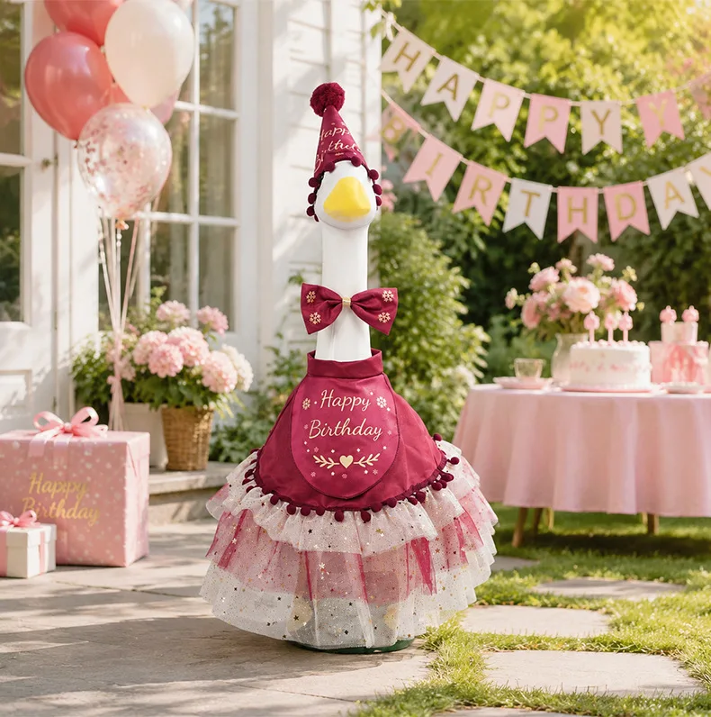 Porch Goose Outfits Happy Birthday-Themed Hat & Dress Set Porch Goose Yard Holiday Atmosphere Decor Christmas Pet Photo Props