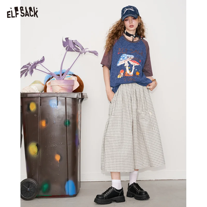 ELFSACK 2025 Summer New Arrival Loose Casual Niche Top Insert Shoulder Collision Colour Printing Short Sleeve Graphic T-shirt