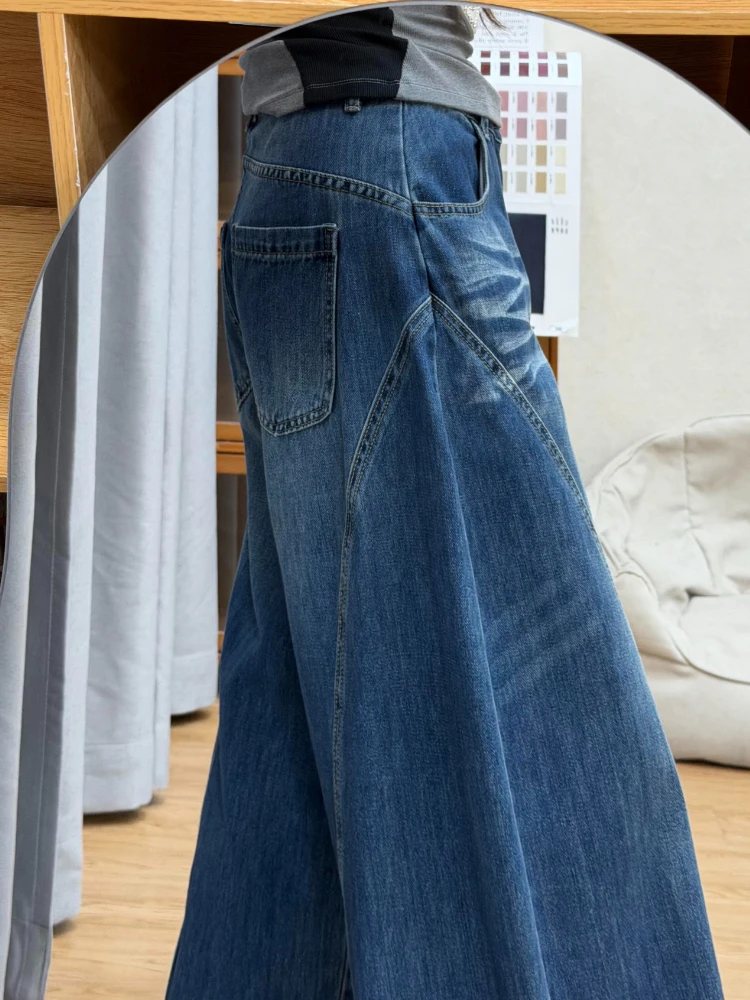 Vintage Washed Curved Blade Jeans for Women 2026 Autumn Winter High Waist Loose Slimming Draped Wide Leg Denim Trousers